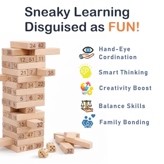 Natural Wooden Jenga 54-Piece Stacking & Balance Game for Kids | Beebox