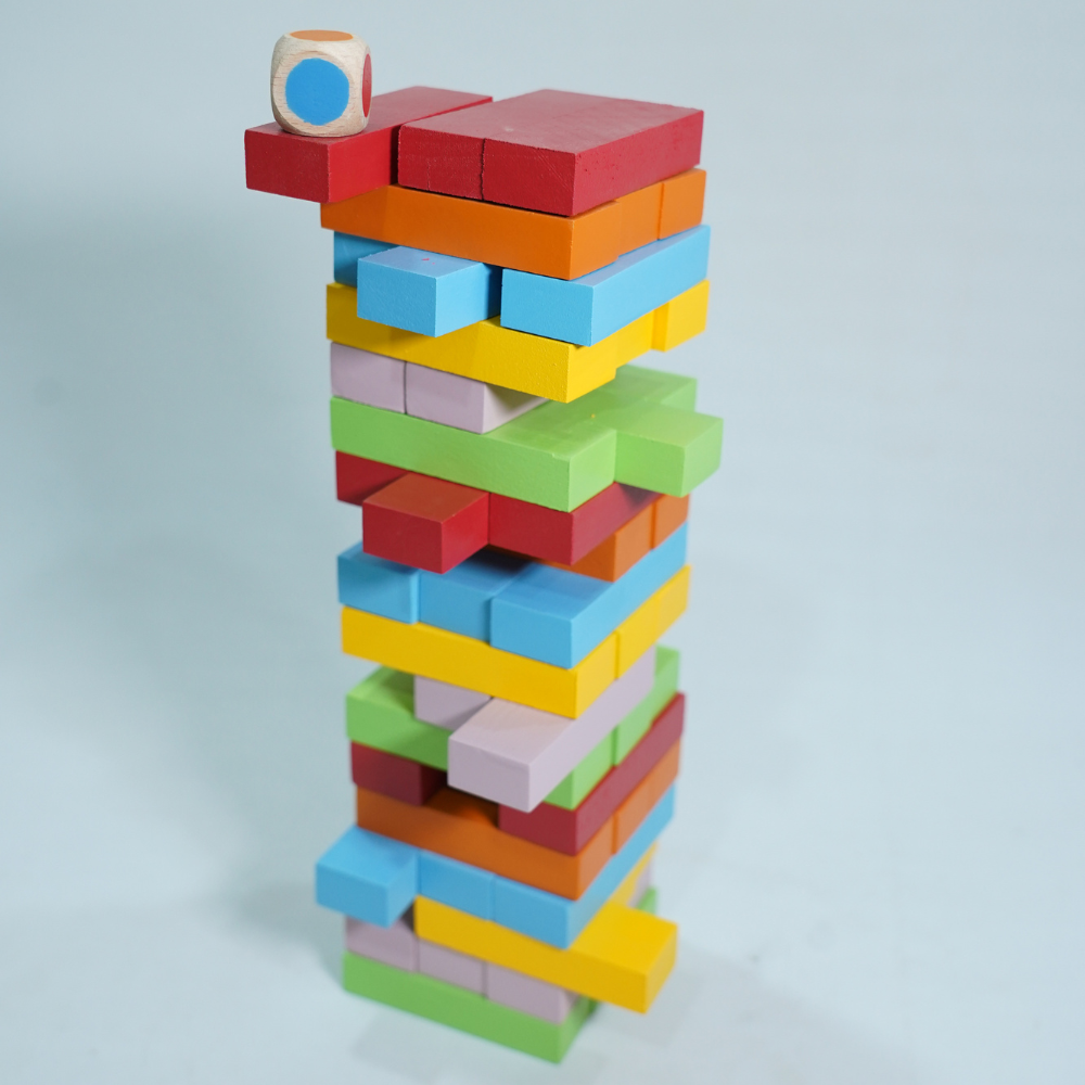 WOODEN TOWER BLOCKS 54 PCS. & 1 DICE WITH COLOR