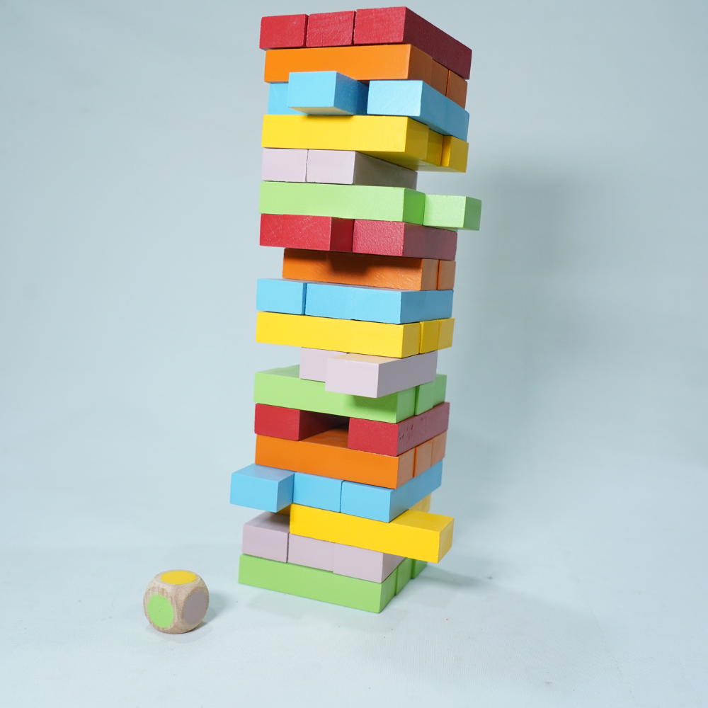 WOODEN TOWER BLOCKS 54 PCS. & 1 DICE WITH COLOR