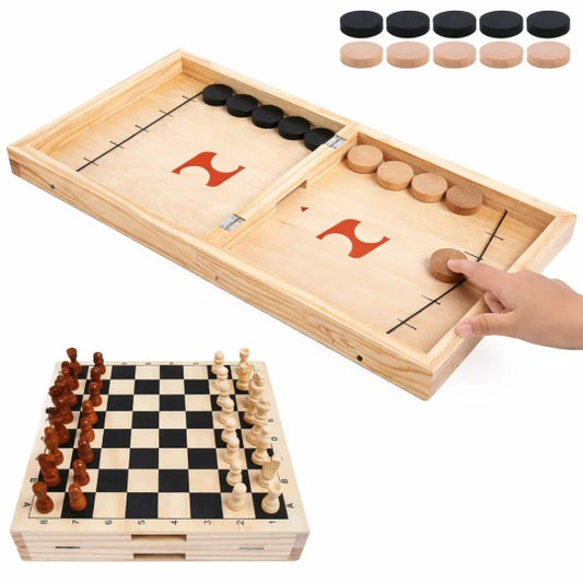 Beebox Foldable Fast Sling Game with Chess 2-in-1 Wooden Family Strategy & Skill Toy for Kids
