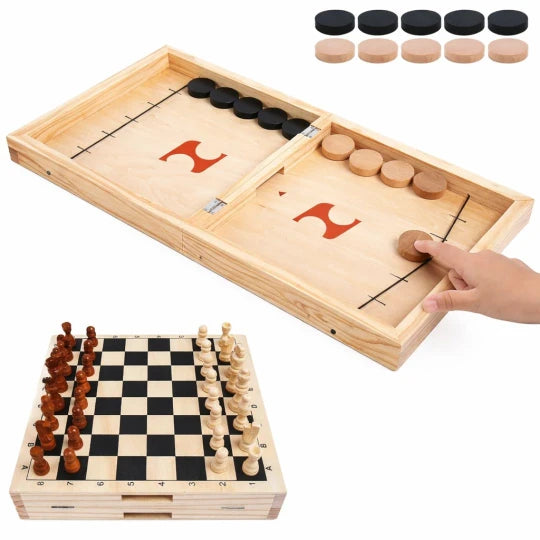 Beebox Foldable Fast Sling Game with Chess 2-in-1 Wooden Family Strategy & Skill Toy for Kids