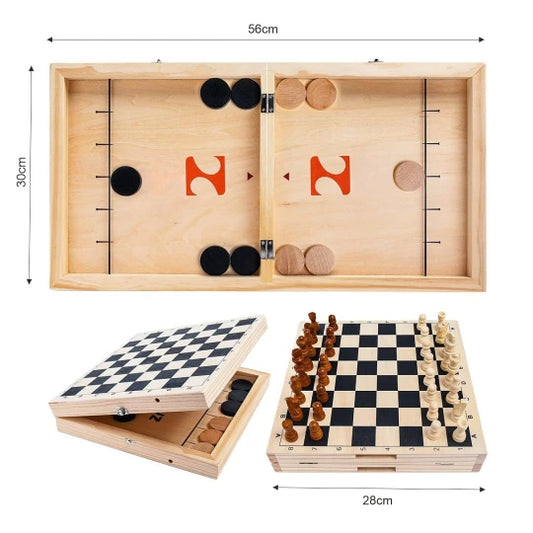 Beebox Foldable Fast Sling Game with Chess 2-in-1 Wooden Family Strategy & Skill Toy for Kids