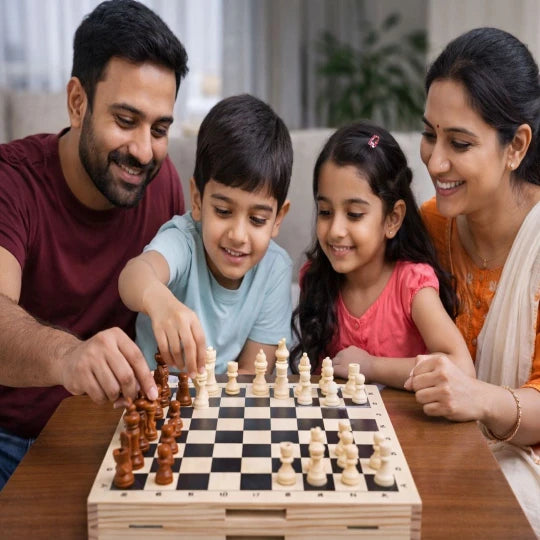 Beebox Foldable Fast Sling Game with Chess 2-in-1 Wooden Family Strategy & Skill Toy for Kids