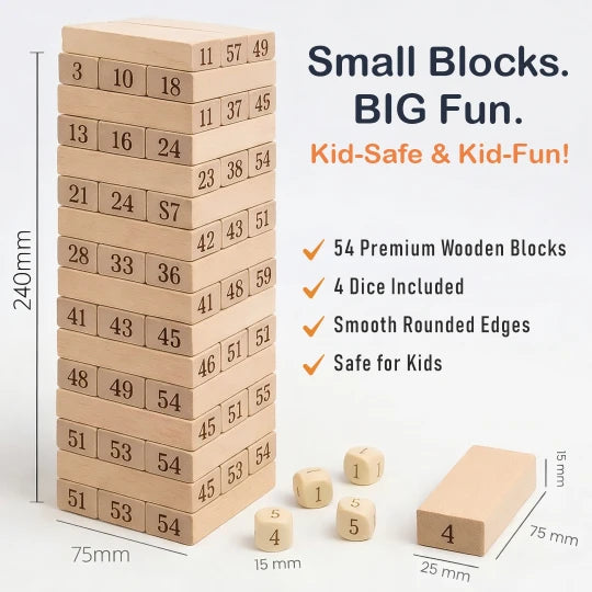 Natural Wooden Jenga 54-Piece Stacking & Balance Game for Kids | Beebox