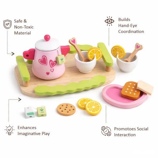 Beebox Pink Afternoon Tea Set – Wooden Pretend Play Tea Party Toy for Kids