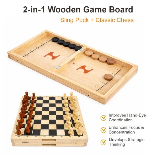 Beebox Foldable Fast Sling Game with Chess 2-in-1 Wooden Family Strategy & Skill Toy for Kids