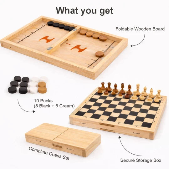 Beebox Foldable Fast Sling Game with Chess 2-in-1 Wooden Family Strategy & Skill Toy for Kids