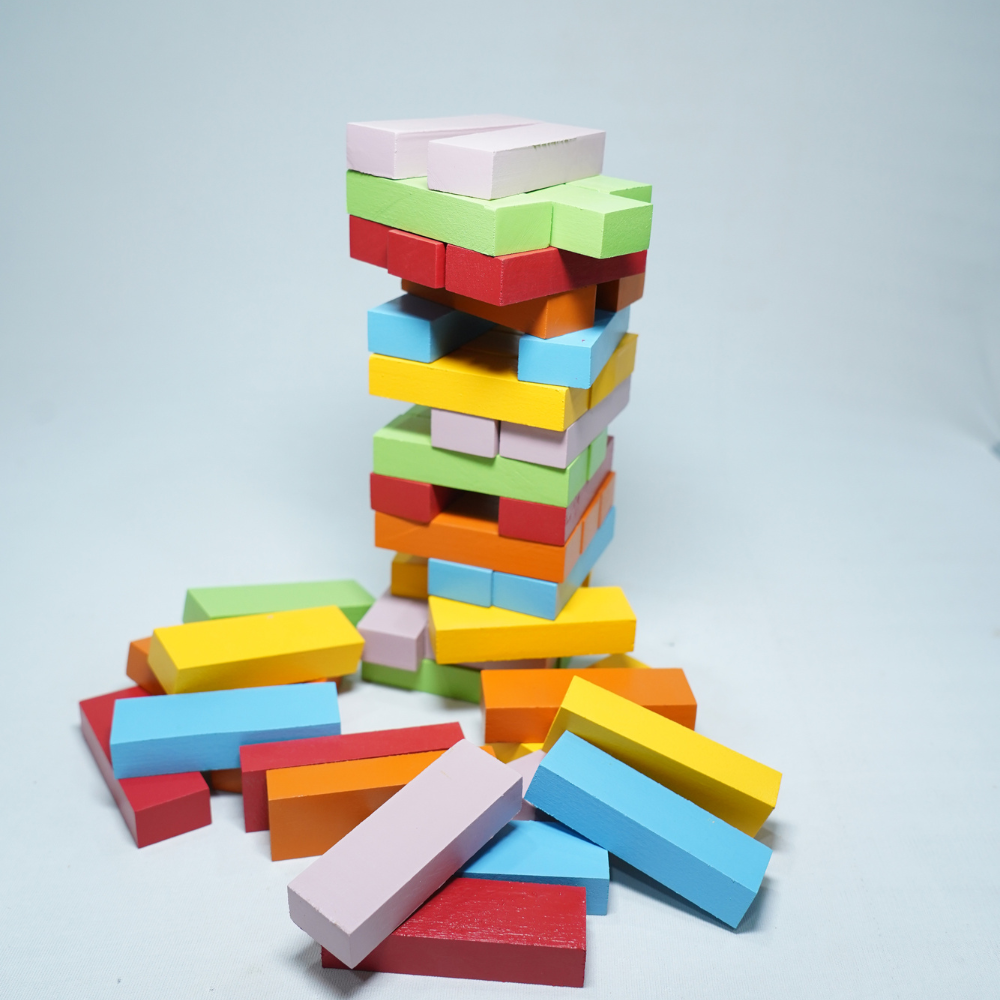 WOODEN TOWER BLOCKS 54 PCS. & 1 DICE WITH COLOR