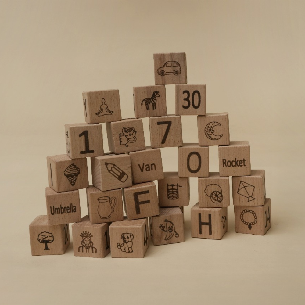 4-in-1 Wooden Learning Block Set - 30 Large Blocks - 4 side Engraved | Building blocks | Montessori toys | Baby learning toys | Educational wooden toys | Wooden alphabet blocks | Wooden learning toys