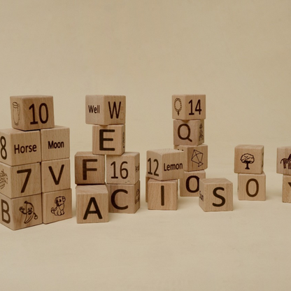 4-in-1 Wooden Learning Block Set - 30 Large Blocks - 4 side Engraved | Building blocks | Montessori toys | Baby learning toys | Educational wooden toys | Wooden alphabet blocks | Wooden learning toys