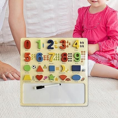 Beebox's Wooden Math & Shape Discovery Board | Montessori Puzzle with Marker | Fun Educational Toy for Toddlers | Learning Numbers, Shapes, and Writing Skills
