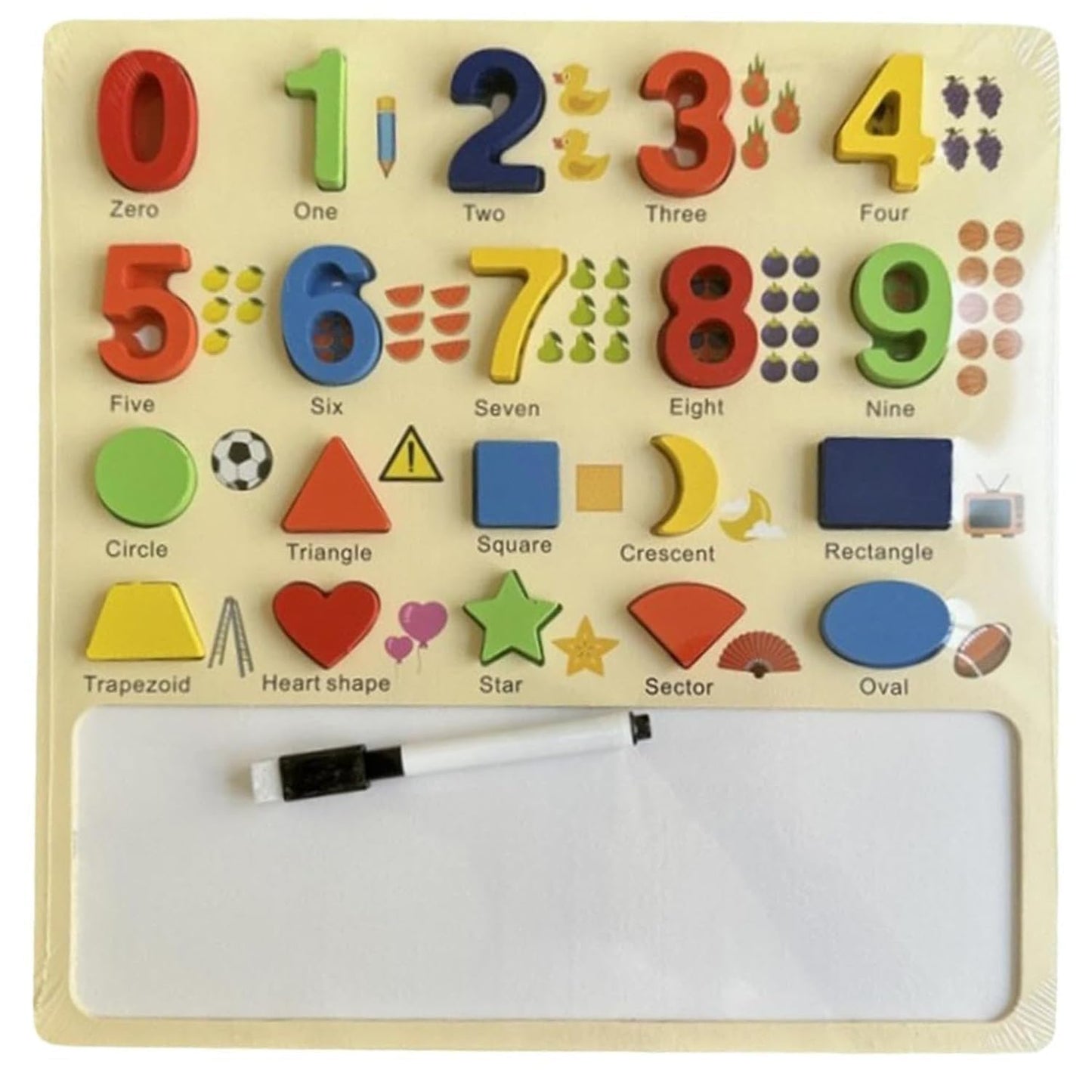 Beebox's Wooden Math & Shape Discovery Board | Montessori Puzzle with Marker | Fun Educational Toy for Toddlers | Learning Numbers, Shapes, and Writing Skills