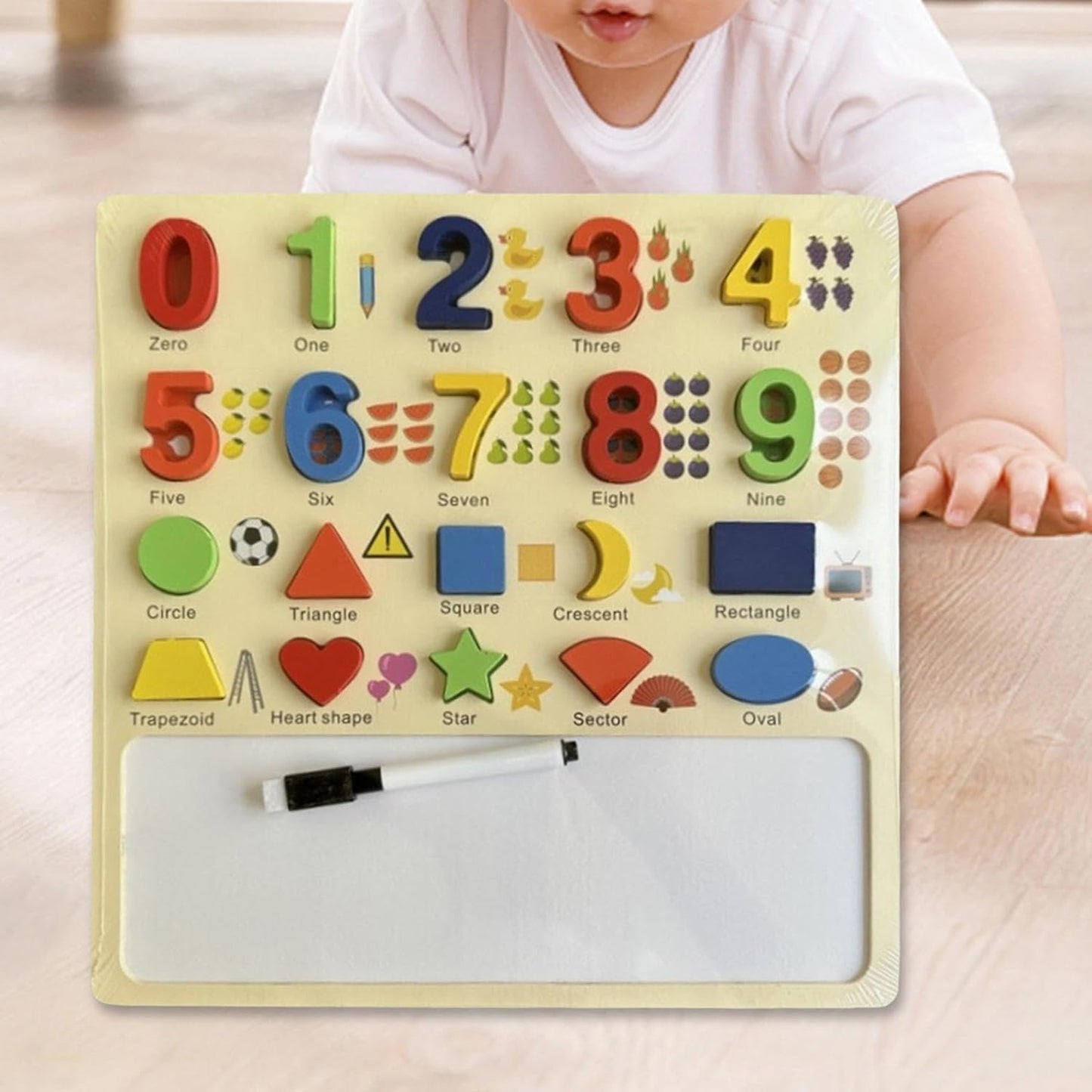 Beebox's Wooden Math & Shape Discovery Board | Montessori Puzzle with Marker | Fun Educational Toy for Toddlers | Learning Numbers, Shapes, and Writing Skills