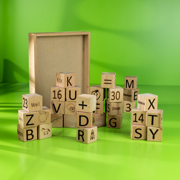 4-in-1 Wooden Learning Block Set - 30 Large Blocks - 4 side Engraved | Building blocks | Montessori toys | Baby learning toys | Educational wooden toys | Wooden alphabet blocks | Wooden learning toys