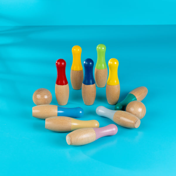 Wooden Bowling Game Set | 10 Pins & 2 Balls | Indoor bowling set for kid | Wooden skittles game