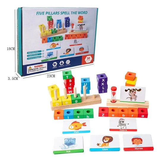Beebox's Five Pillars Spelling Game | Wooden Word-Building Toy for Early Literacy and Language Skills Development